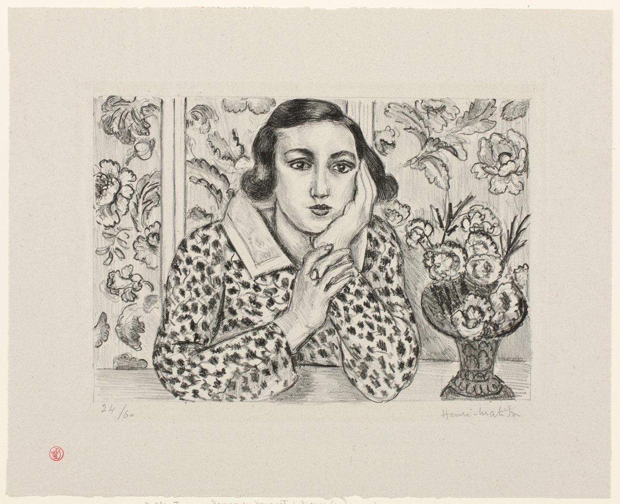 Niña apoyada junto a un biombo con motivos florales de Henri Matisse