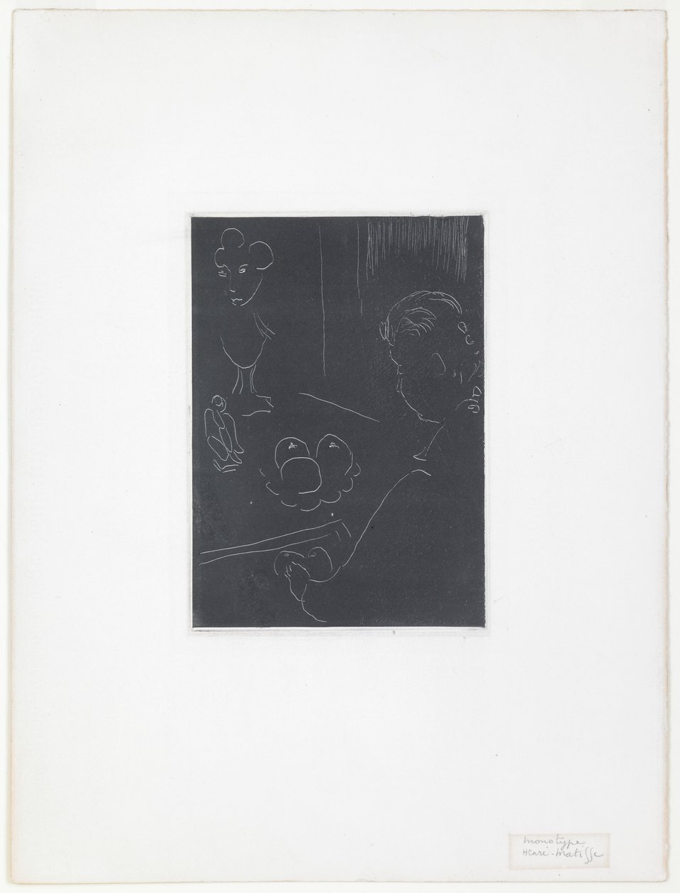 Mujer joven en un interior con frutas y esculturas de Henri Matisse