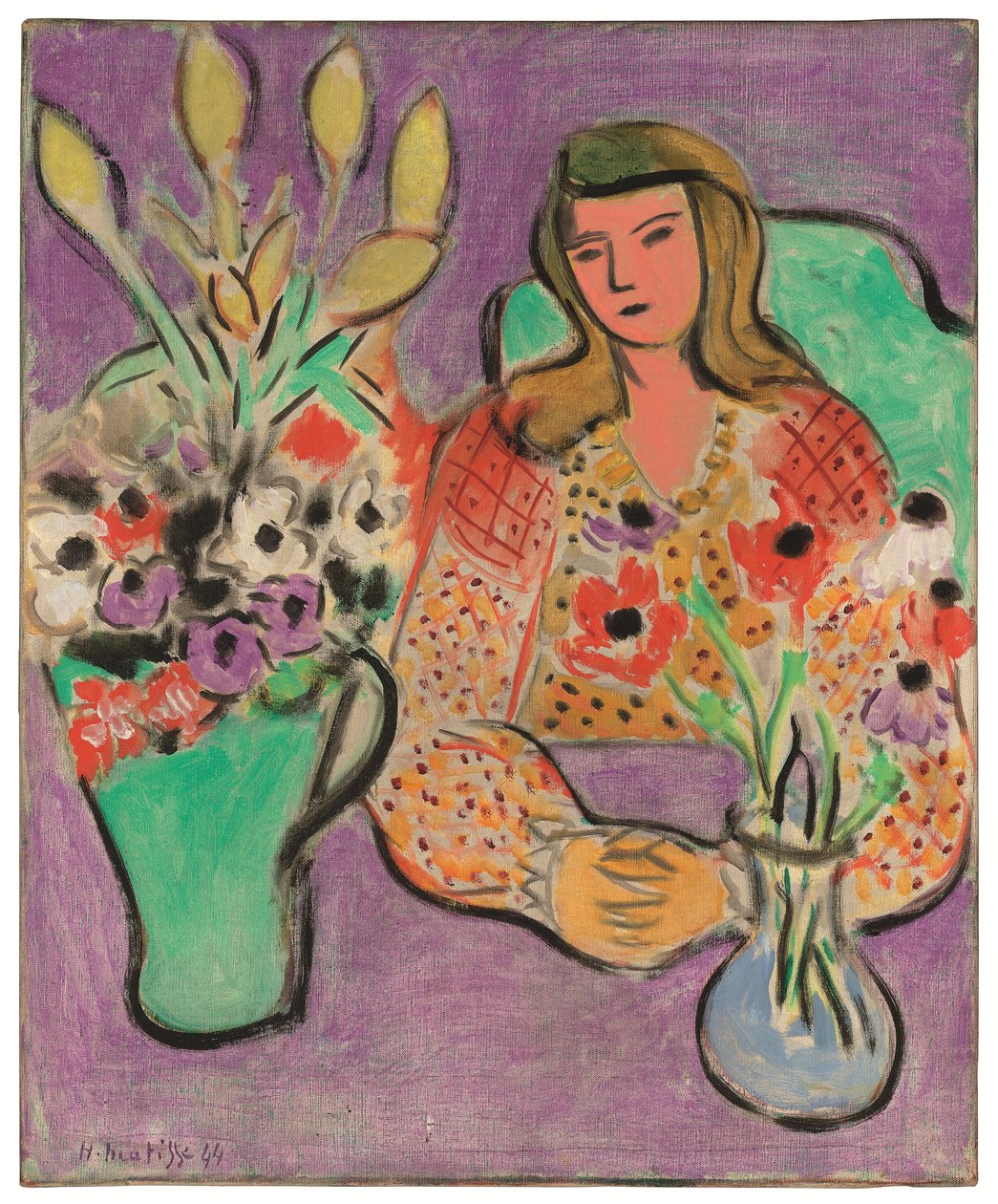 Mujer joven con anémonas sobre fondo morado de Henri Matisse