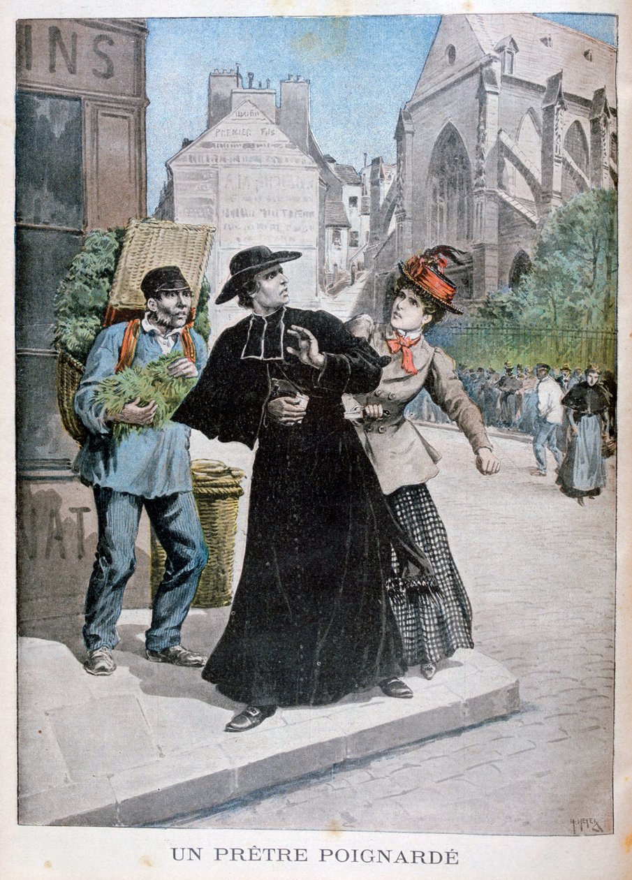 Un sacerdote católico es apuñalado por una mujer en la calle, Francia, 1897 de Henri Meyer
