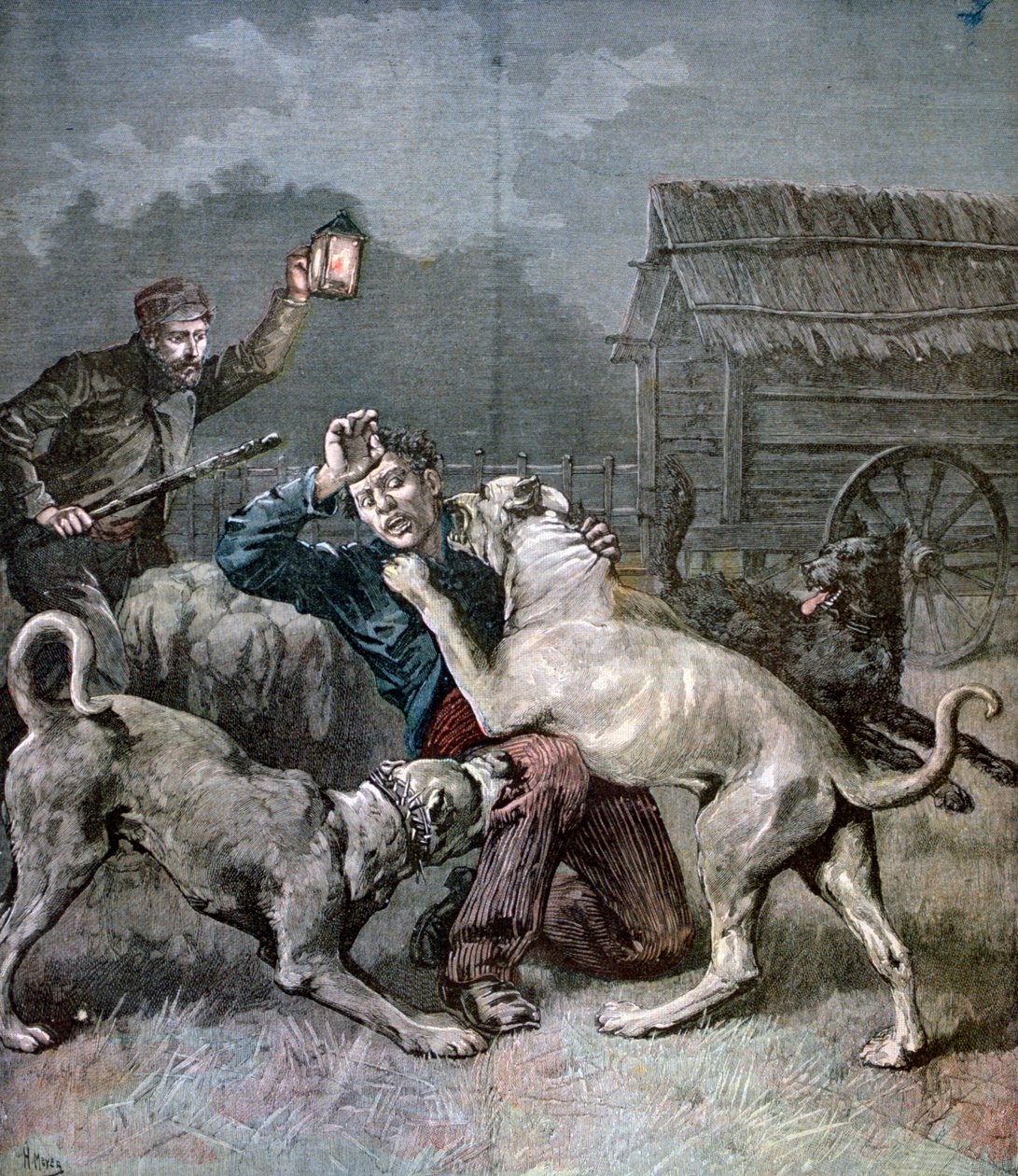 Un criminal atacado por tres perros grandes, 1891 de Henri Meyer
