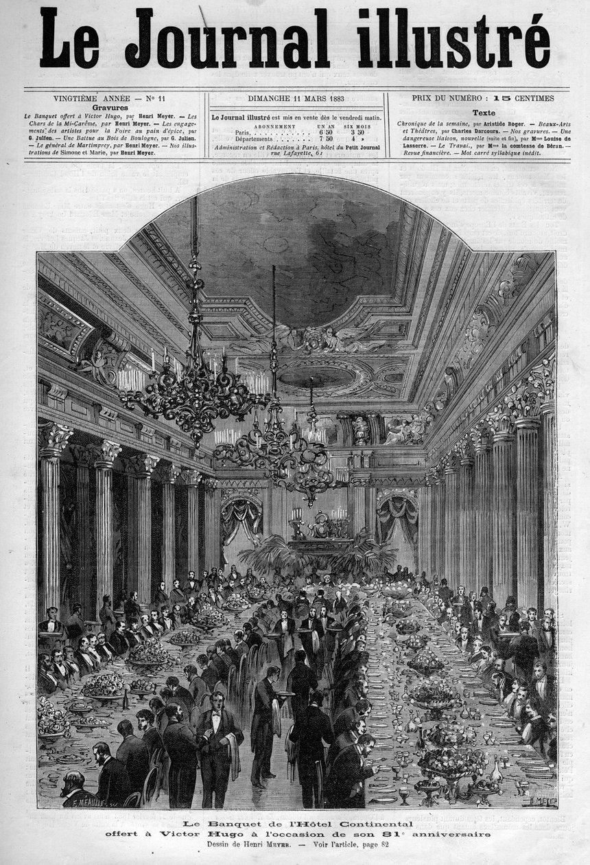Banquete ofrecido a Victor Hugo en el Hotel Continental por su 81 cumpleaños en 1883 - Portada de “El Diario Ilustre” de 1883 - Dibujo de Henri Meyer (1844-1899) de Henri Meyer