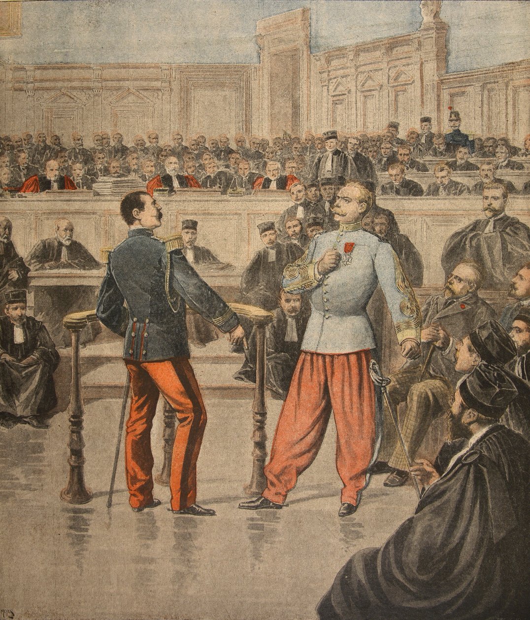 El coronel Henry y el teniente coronel Picquart hablando ante el Tribunal de Asises, ilustración de 