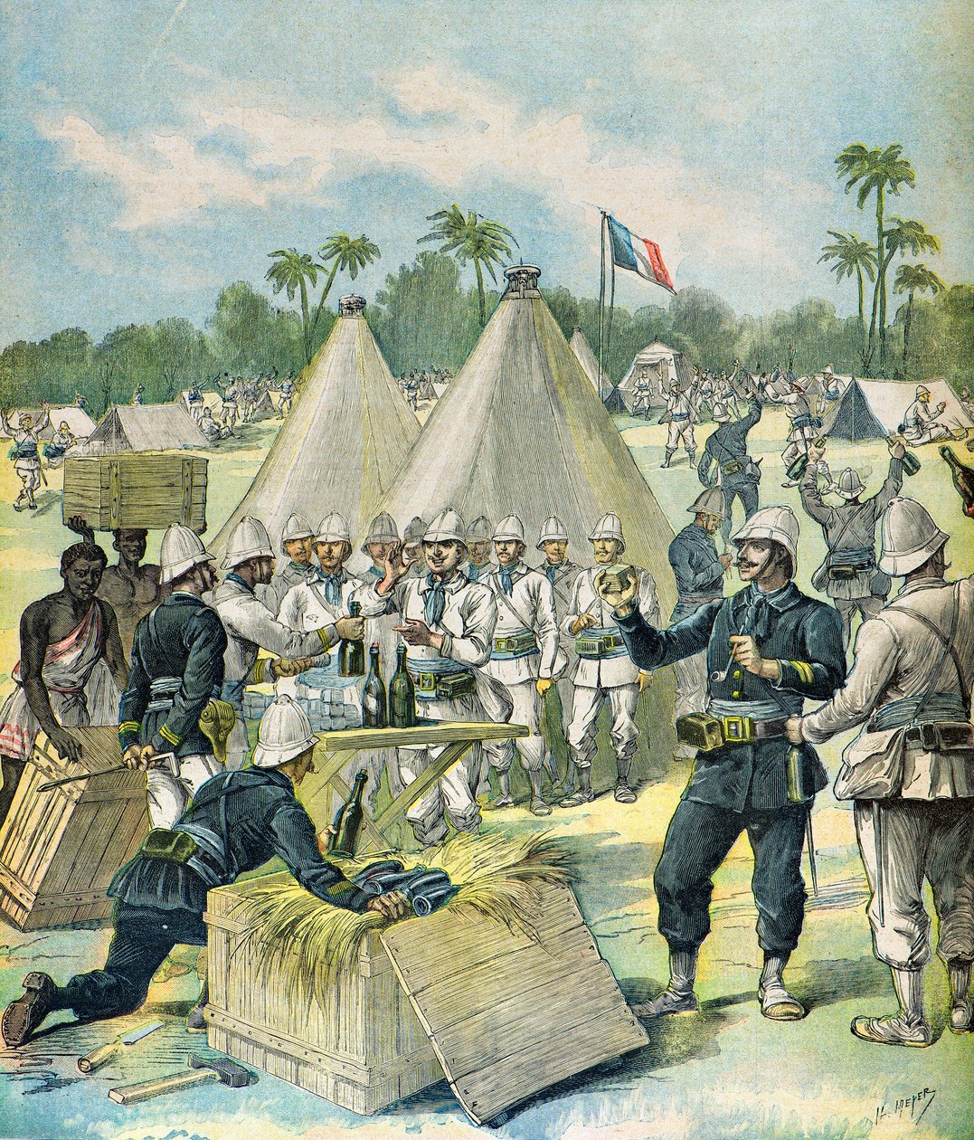 Distribución de alcohol a las tropas coloniales en Dahomey de Henri Meyer