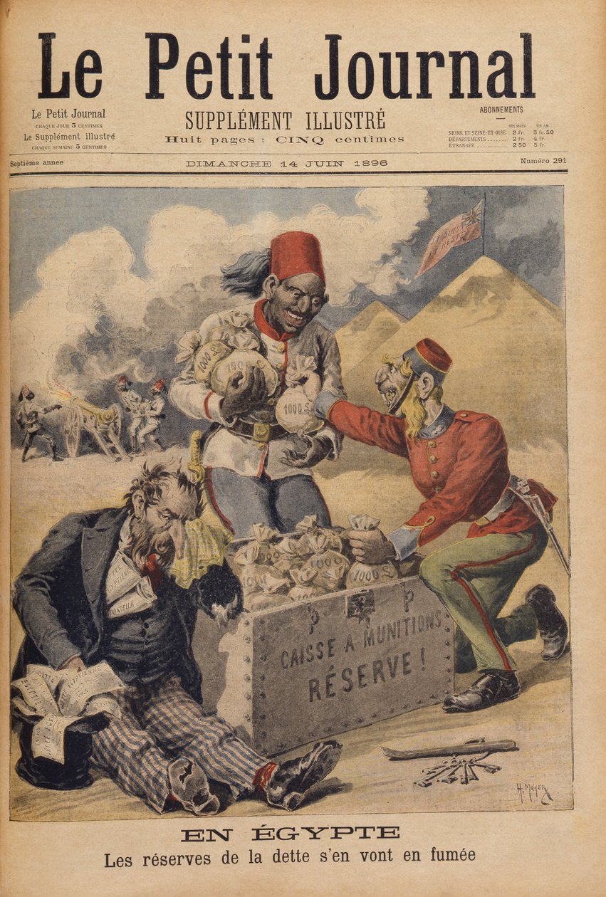 Egipto: Las reservas de la deuda se desvanecen en humo, ilustración de Le Petit Journal, 14 de junio de 1896 de Henri Meyer