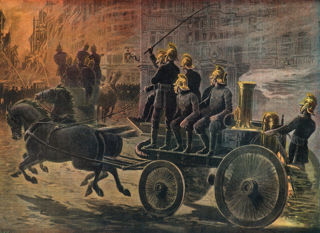 Bomberos en un incendio en Londres en 1897 (Grabado) de Henri Meyer