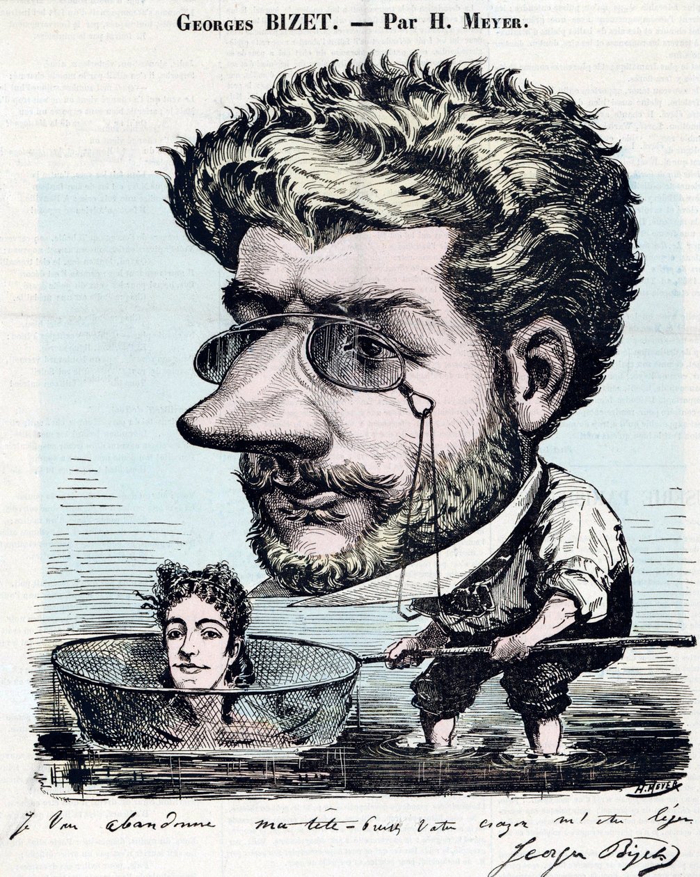 Georges Bizet (1838-1875), compositor francés - Caricatura, con un autógrafo de Bizet, por Henri Meyer dit Reyem (1844-1899) para “Diógenes” de Henri Meyer