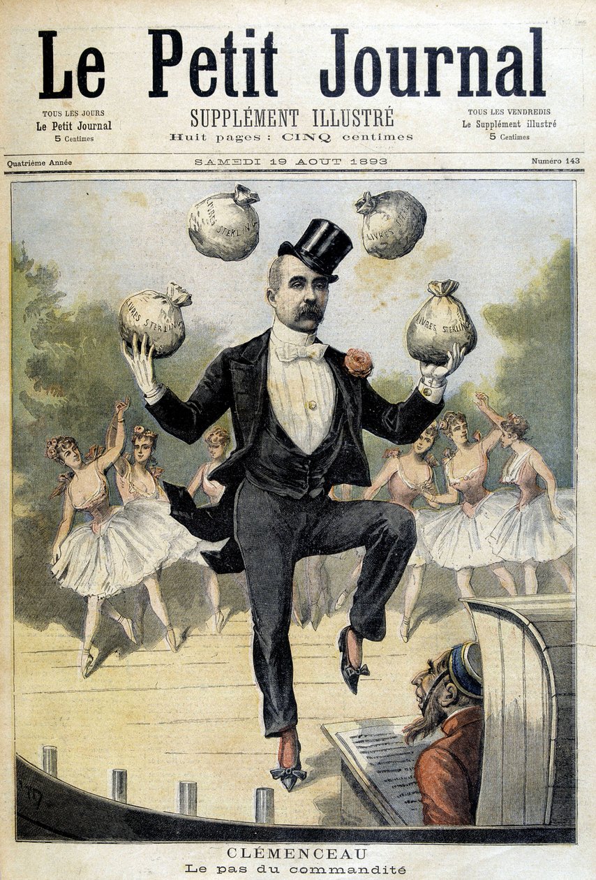Georges Clemenceau haciendo malabares con las Libras Esterlinas - en “Le Petite Journal” del 19/08/1893 de Henri Meyer