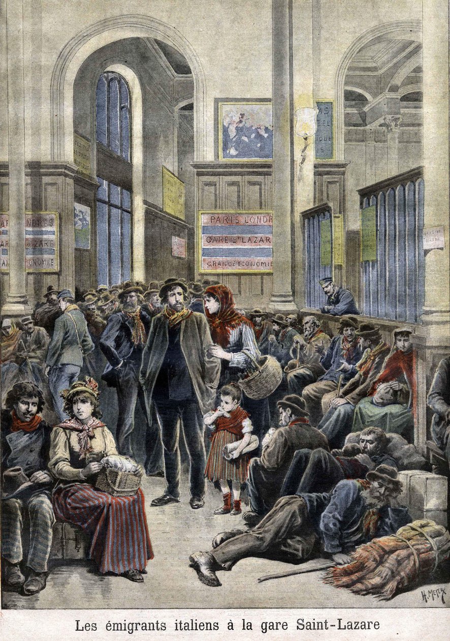 Emigrantes italianos en la estación de San Lázaro (Saint Lazarus) - en "The Petity Journal", marzo de 1896 de Henri Meyer