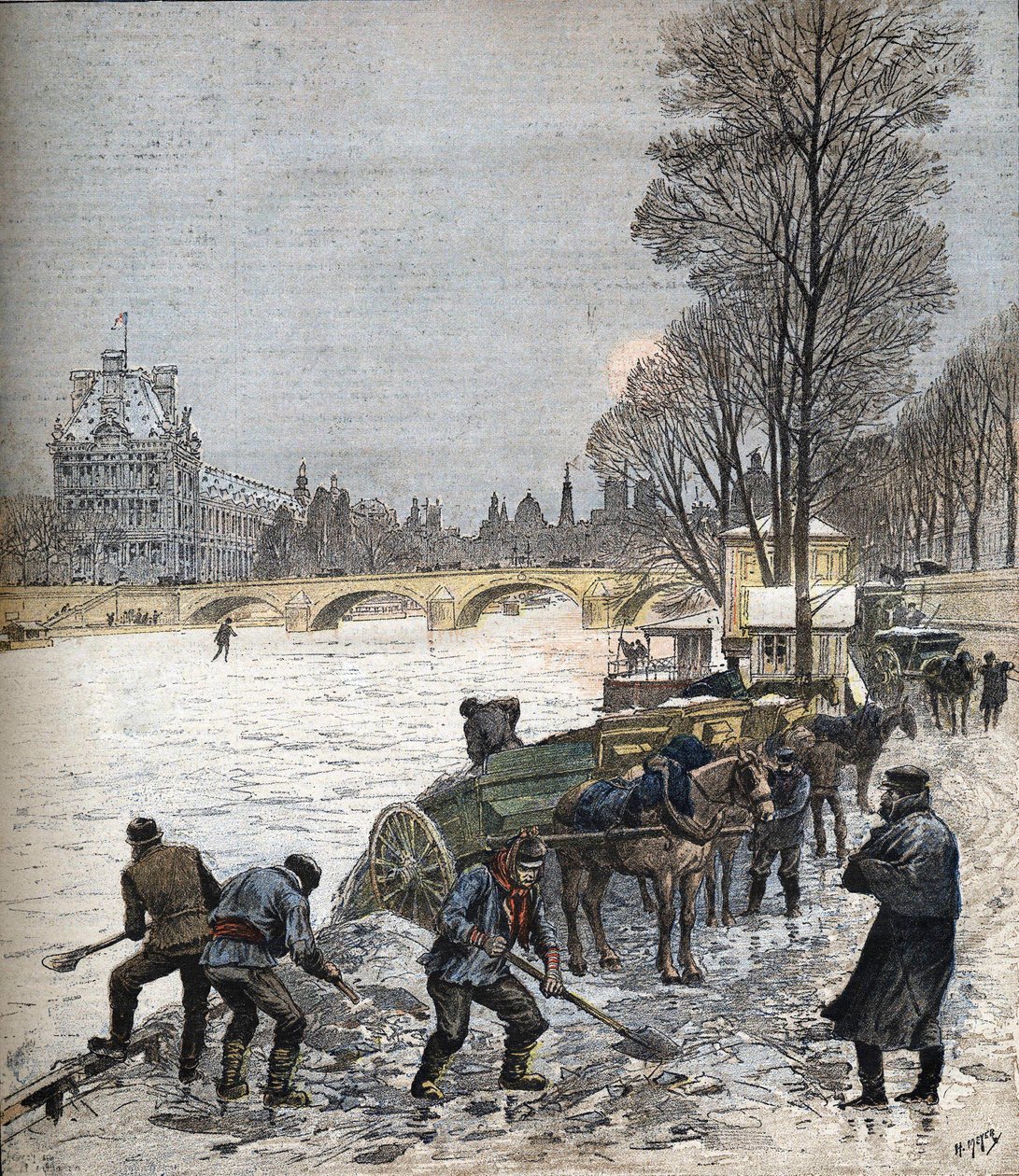 París bajo la nieve en 1895 Pequeño periódico de 1895 (grabado) de Henri Meyer