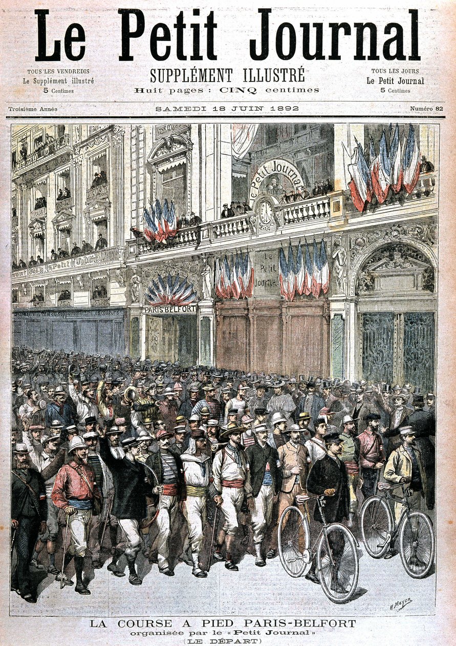 Inicio de la multitud participando en la carrera París - Belfort organizada por el Petit Journal - en "Le petit journal" del 18/06/1892 de Henri Meyer