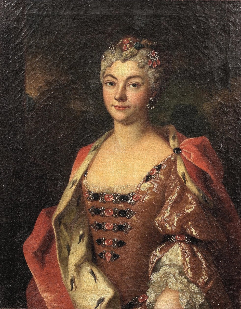 Retrato de una dama de la nobleza, de medio cuerpo, con vestido rosa y túnica ribeteada de armiño. de Henri Millot