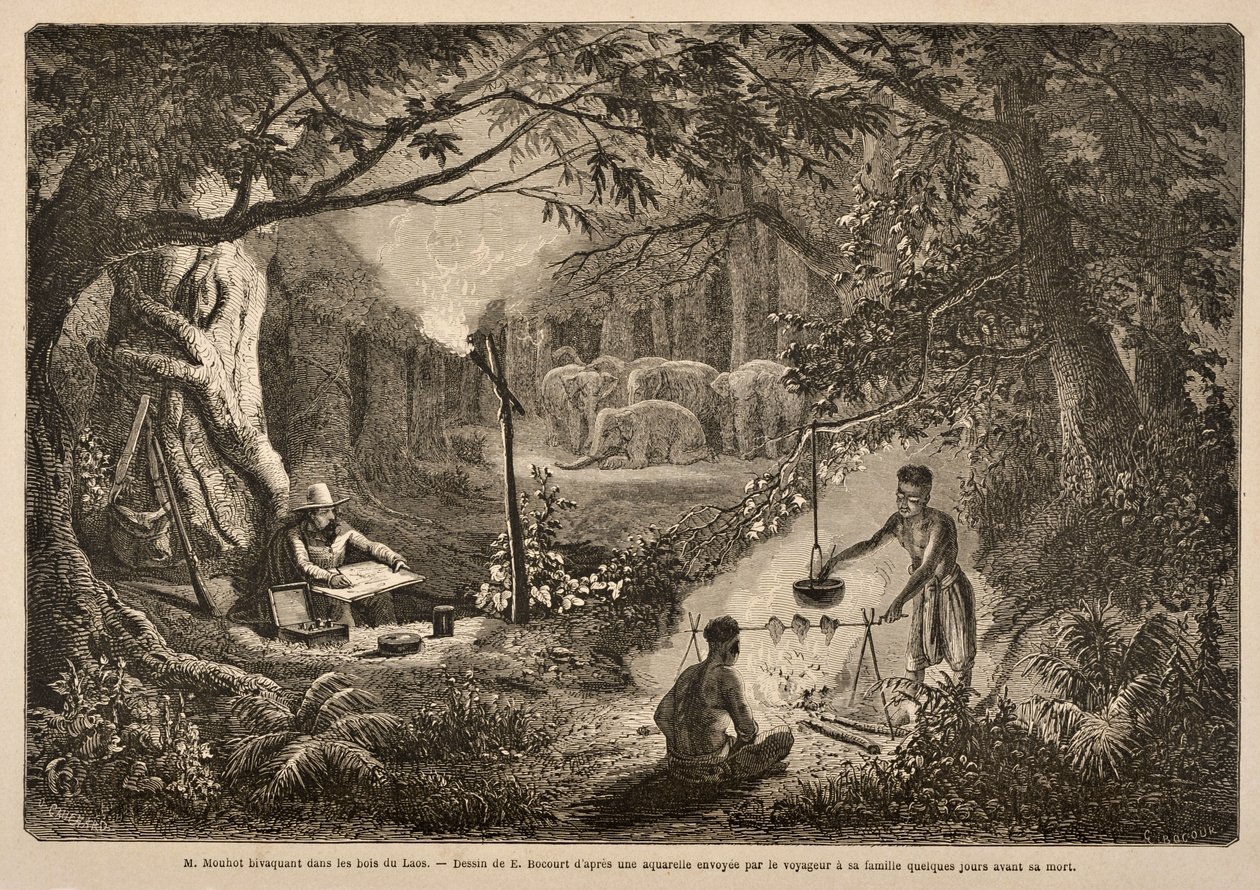 Henri Mouhot acampando en las selvas de Laos, ilustración de 