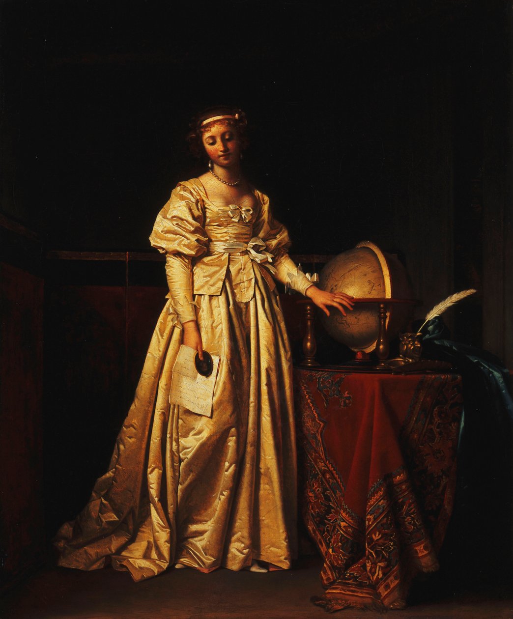 Una dama en un interior, con un vestido de satén amarillo, con un globo en una mesa a su lado, lamentando la ausencia de su esposo de Henri Nicolas van Gorp