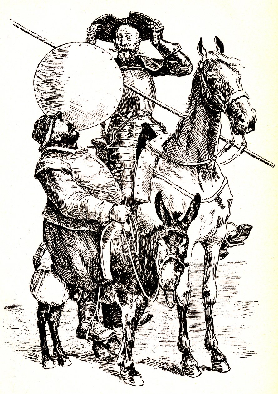 Don Quijote en su caballo, junto a Sancho en su burro de Henri Pille