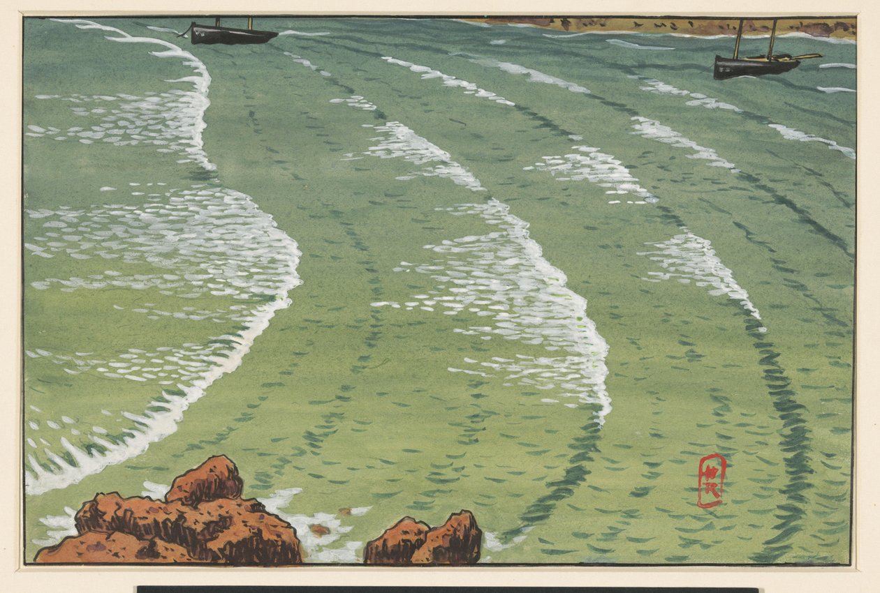 El mar, en una bahía, con barcos frente a la costa rocosa de Henri Rivière