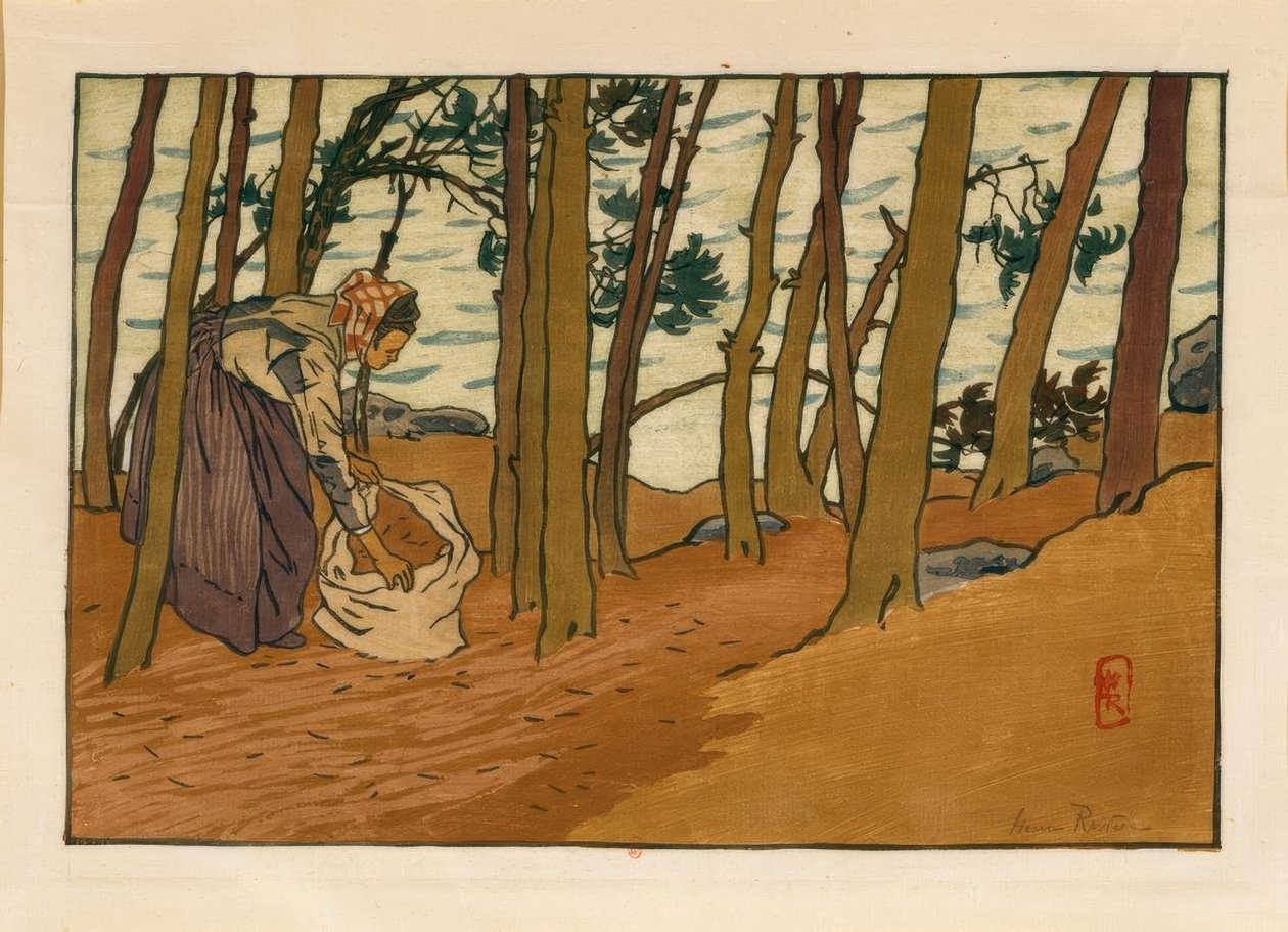 Mujer recogiendo agujas de pino (Orillas del Trieux, Loguivy) de Henri Rivière