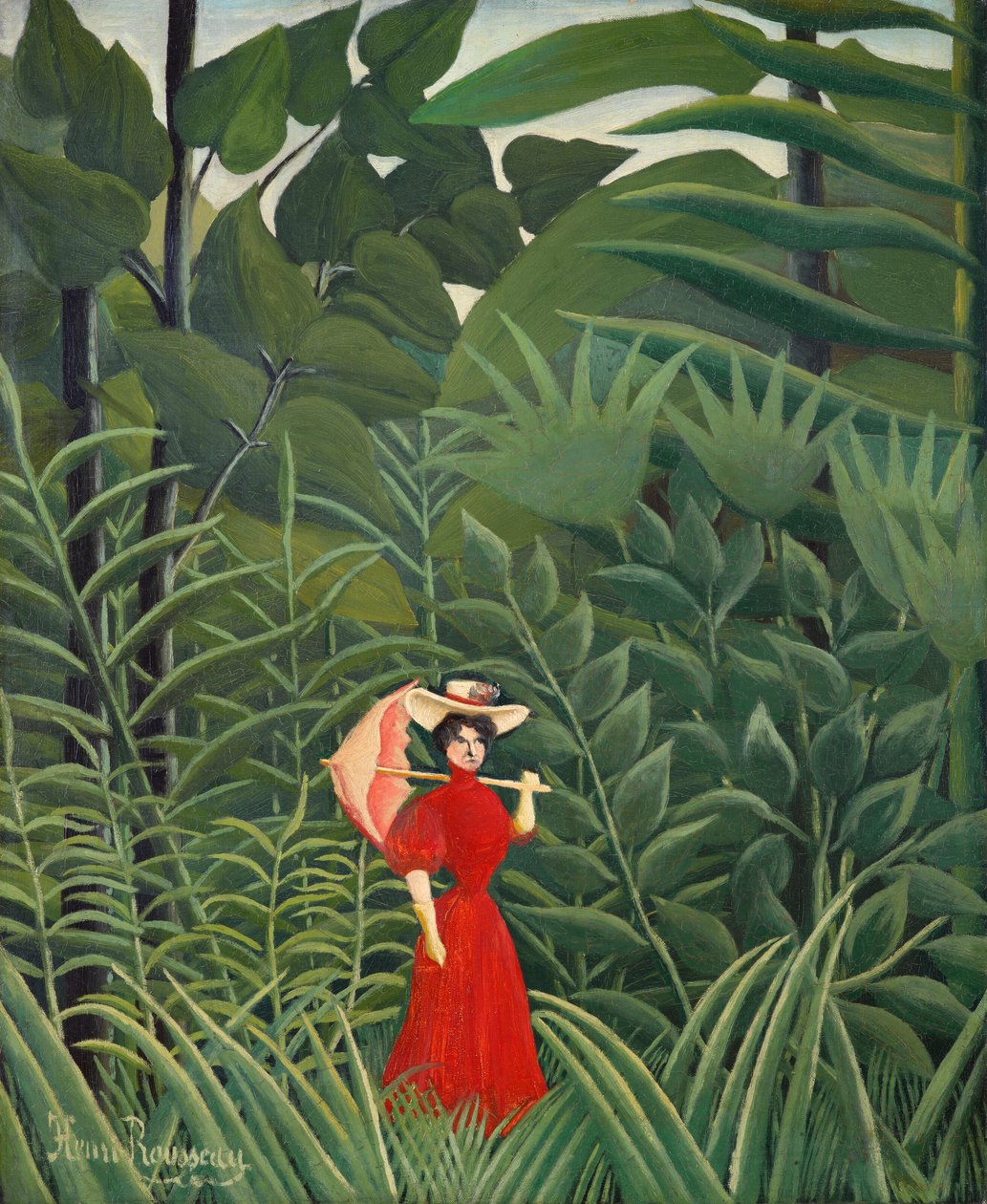 Mujer de rojo en el bosque de Henri Rousseau
