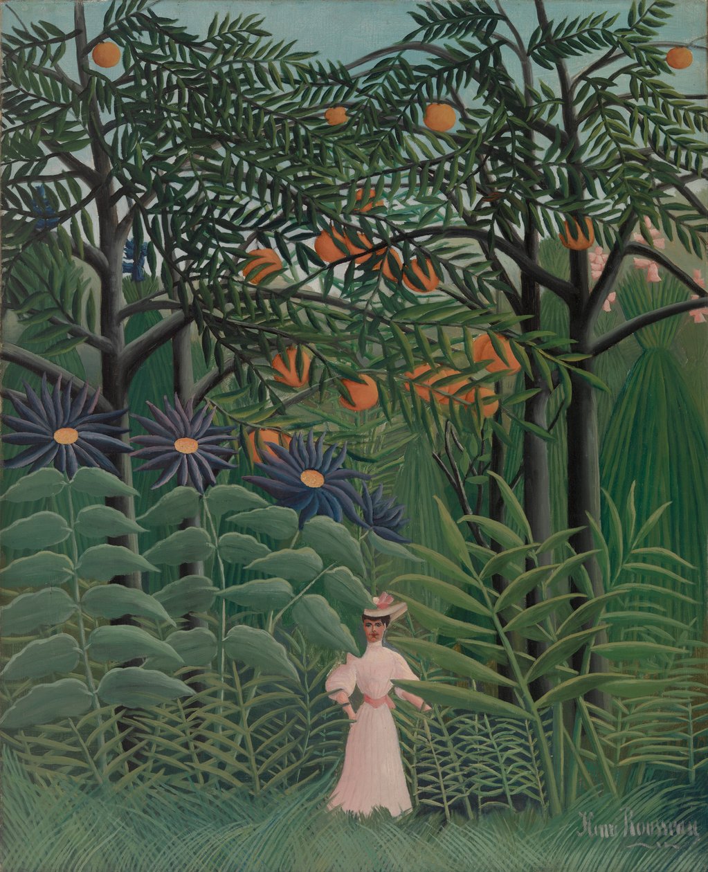 Mujer caminando en un bosque exótico de Henri Rousseau