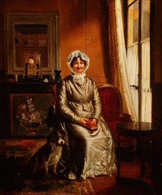 Una dama con un perro en un interior de Henri Serrur