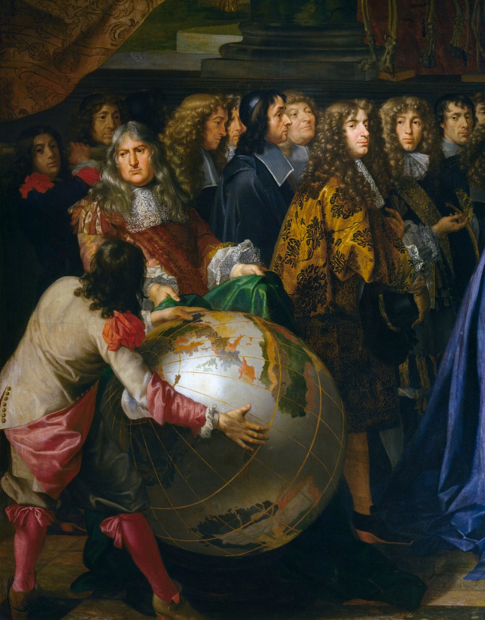 Globo terrestre, detalle de Jean-Baptiste Colbert presentando los miembros de la Real Academia de Ciencias a Luis XIV en 1667, óleo sobre lienzo de Henri Testelin (1616-1695), 348x590 cm, Francia de Henri Testelin