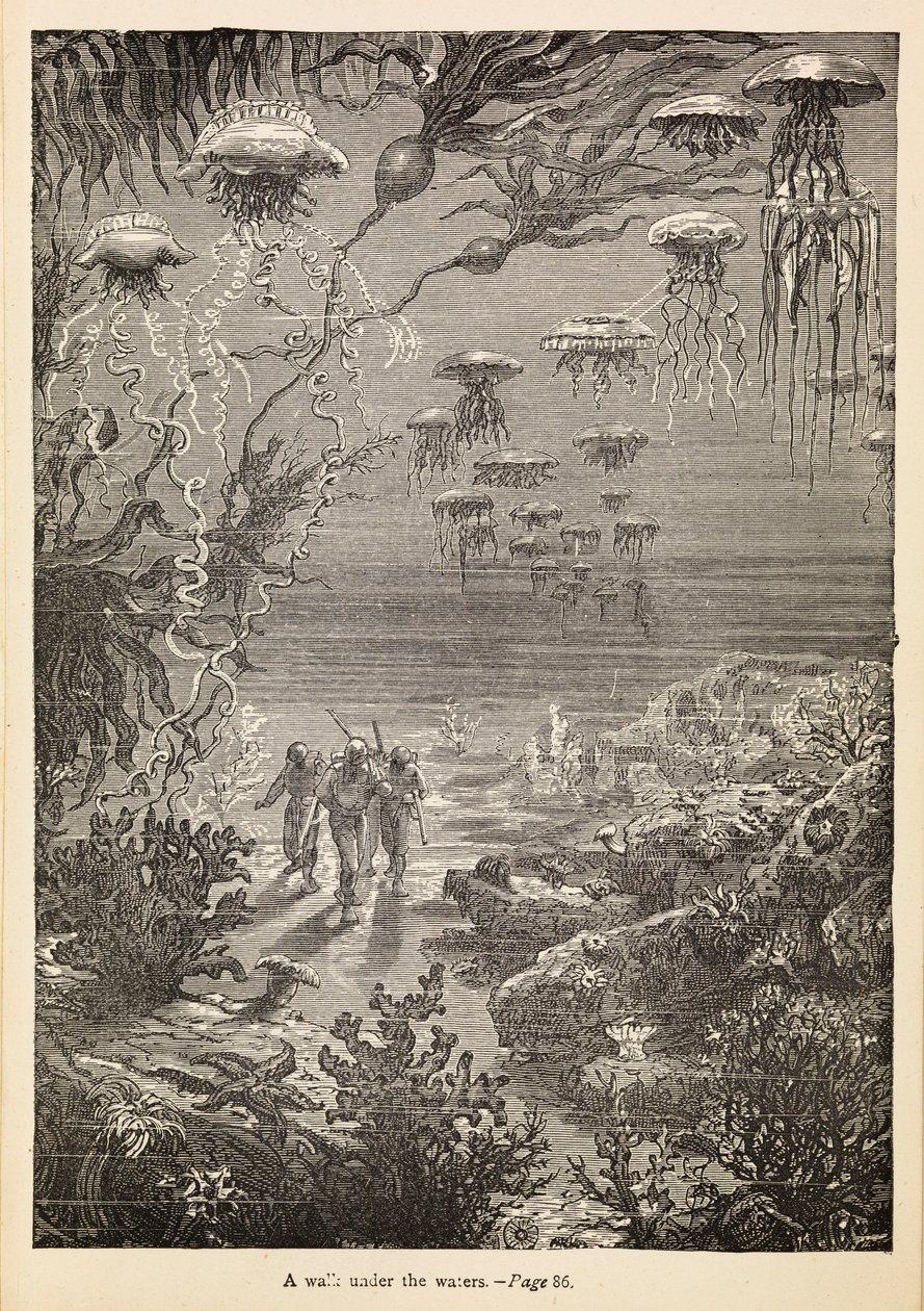 Un paseo bajo las aguas" de "20 000 leguas de viaje submarino", c.1870 (grabado) de Henri Theophile Hildibrand