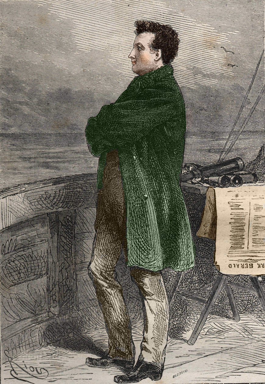 El profesor Aronnax mirando el horizonte. “Veinte mil leguas de viaje submarino” de Julio Verne. grabado de Hildibrand de Henri Theophile Hildibrand