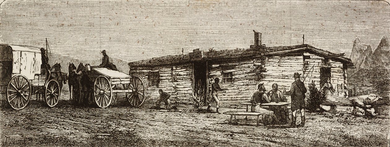 Estación de diligencias transcontinental en el desierto de Utah, de Across the United States, from the Atlantic to the Pacific, por Louis Laurent Simonin, grabado por Hildibrand de L