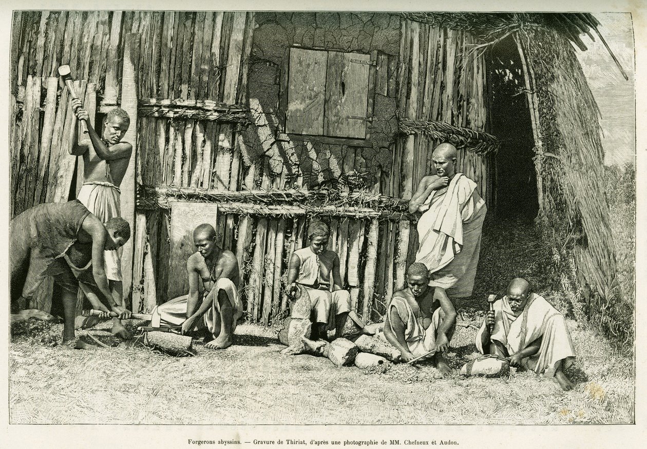 Herreros abisinios. Grabado de Thiriat, a partir de una fotografía, para ilustrar la historia Viaje al Choa (Abyssinie meridionale). de Henri Thiriat