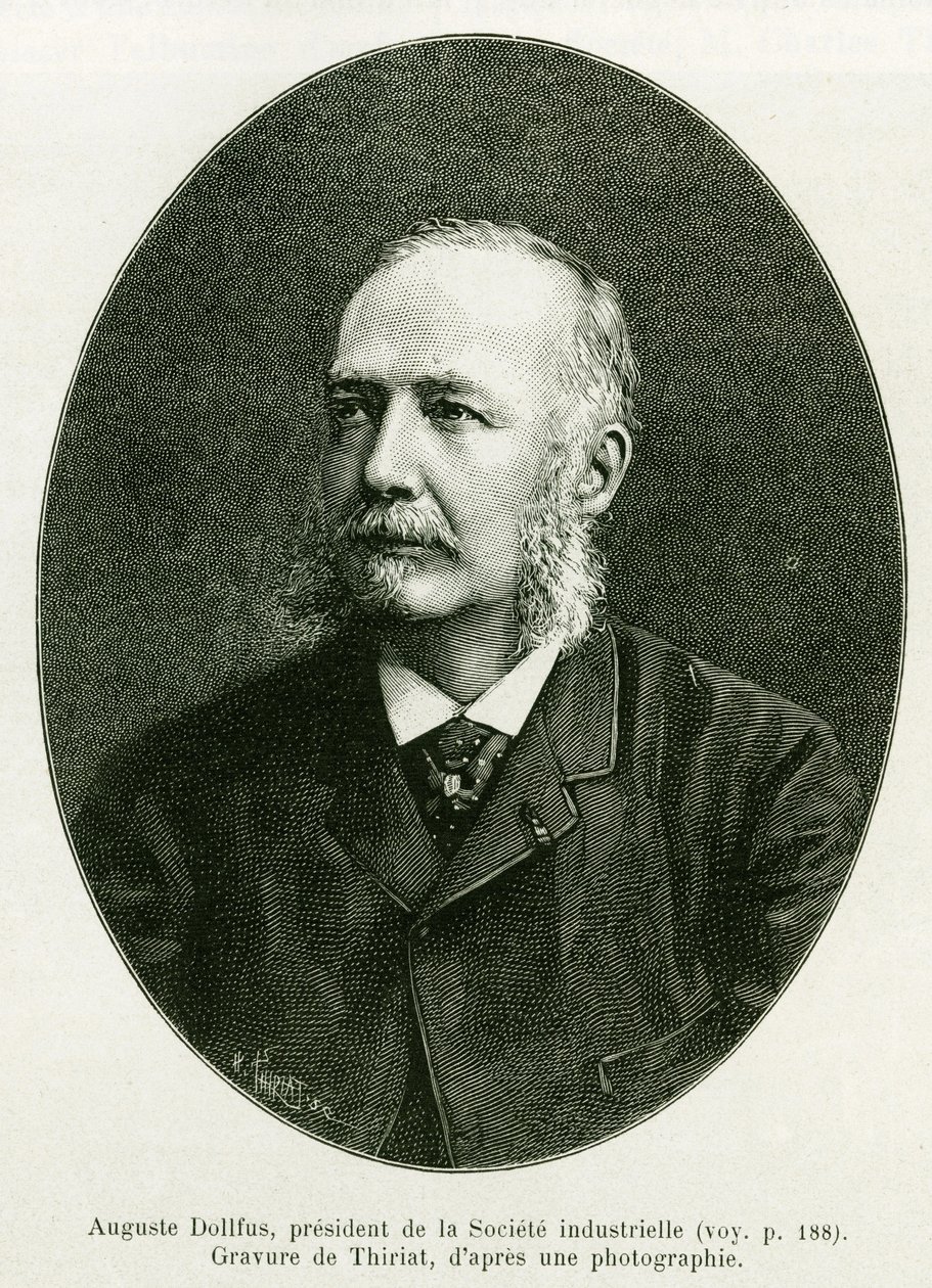 Auguste Dollfus, presidente de la Compañía Industrial Dollfus Mieg. Grabado por Thiriat para ilustrar la historia A través de Alsacia y Lorena, por Charles Grad, diputado alemán, en 1885, en Le tour du monde 1886, bajo la dirección de Edouard Charton (1807 de Henri Thiriat