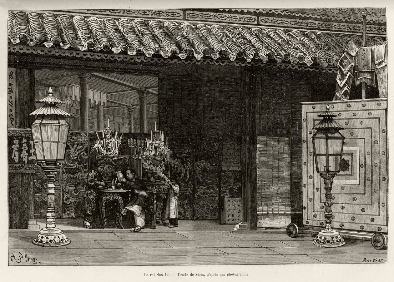 Rey Dong Khanh (1864-1889) Emperador de Annam, hogar en la ciudad imperial de Hue (Vietnam). Grabado de Thiriat, para ilustrar la historia Treinta meses en Tonkín por el Dr. Charles Edouard Hocquard (1853-1911), en 1885, en Le tour du monde, nuevo diario d de Henri Thiriat
