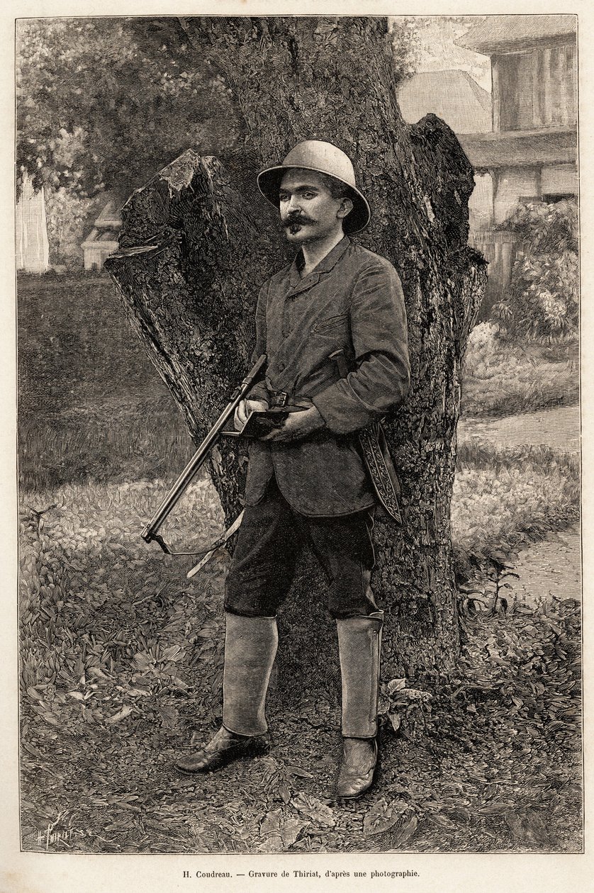 Retrato de Henri Coudreau (1859-1899), profesor de geografía y explorador del Amazonas (Brasil). Grabado por Thiriat para ilustrar la historia “chez nos indiens, cuatro años de viaje en la Guayana francesa” de Henri Thiriat