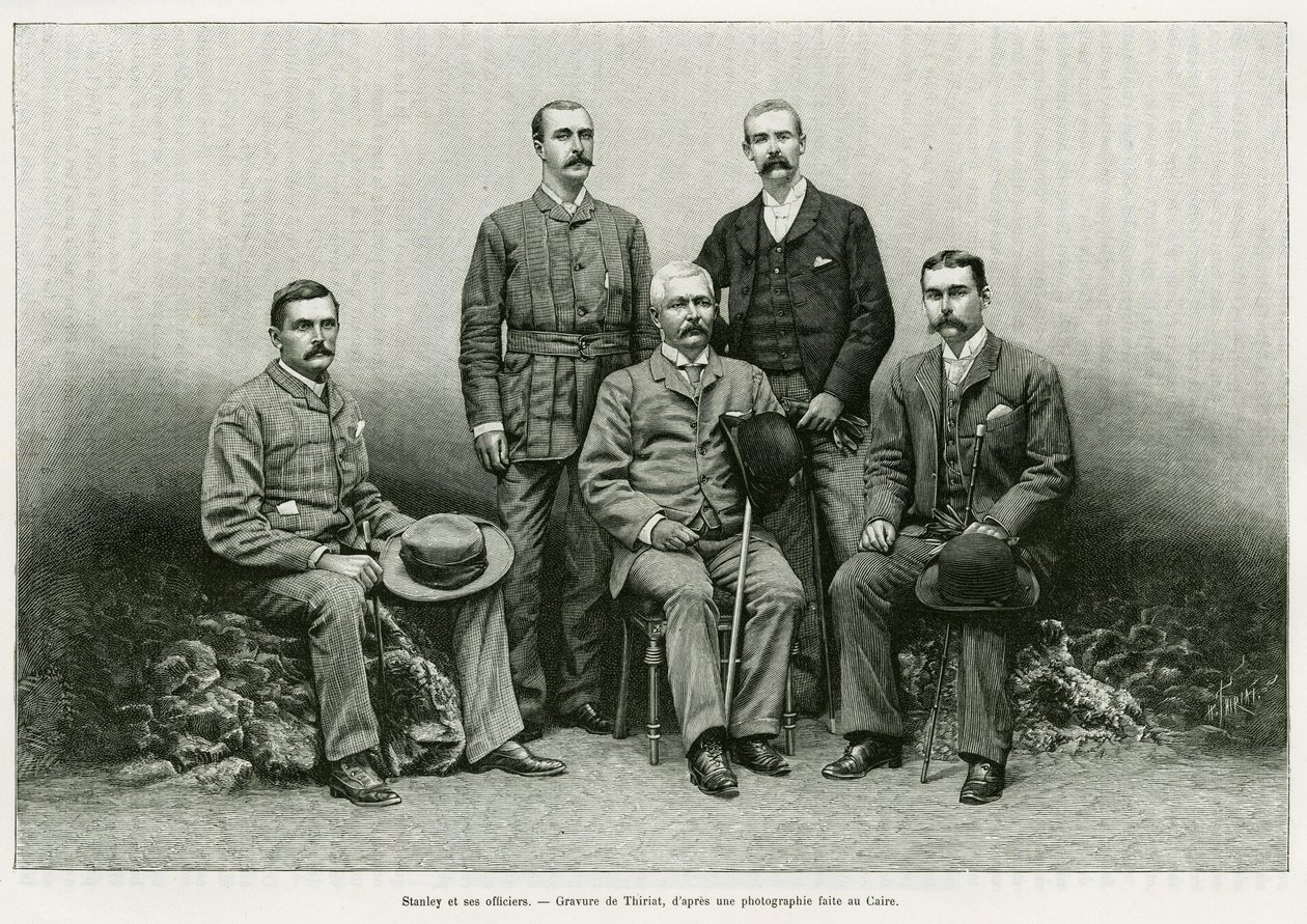Retrato de Henry Morton Stanley (John Rowlands 1841-1904) rodeado de sus oficiales desde la izquierda: Dr. Thomas Heazle Parke (1857-93), Robert H. Nelson, William G. Stairs y Arthur J. M. Jephson. Grabado por Thiriat, para ilustrar la historia En las somb de Henri Thiriat