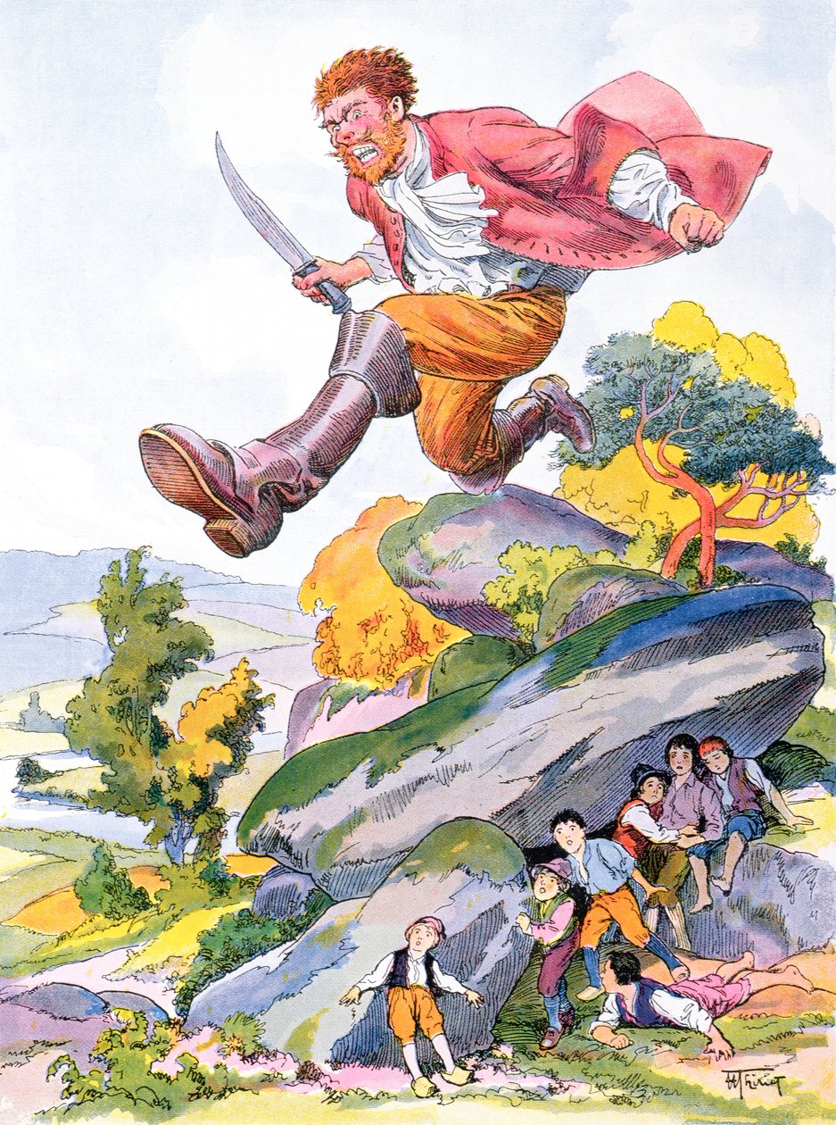 El Ogro a la caza de Pulgarcito y sus hermanos, ilustración para un cuento de Perrault "Pulgarcito" ("Le Petit Poucet"), principios del siglo XX (litografía en color) de Henri Thiriet
