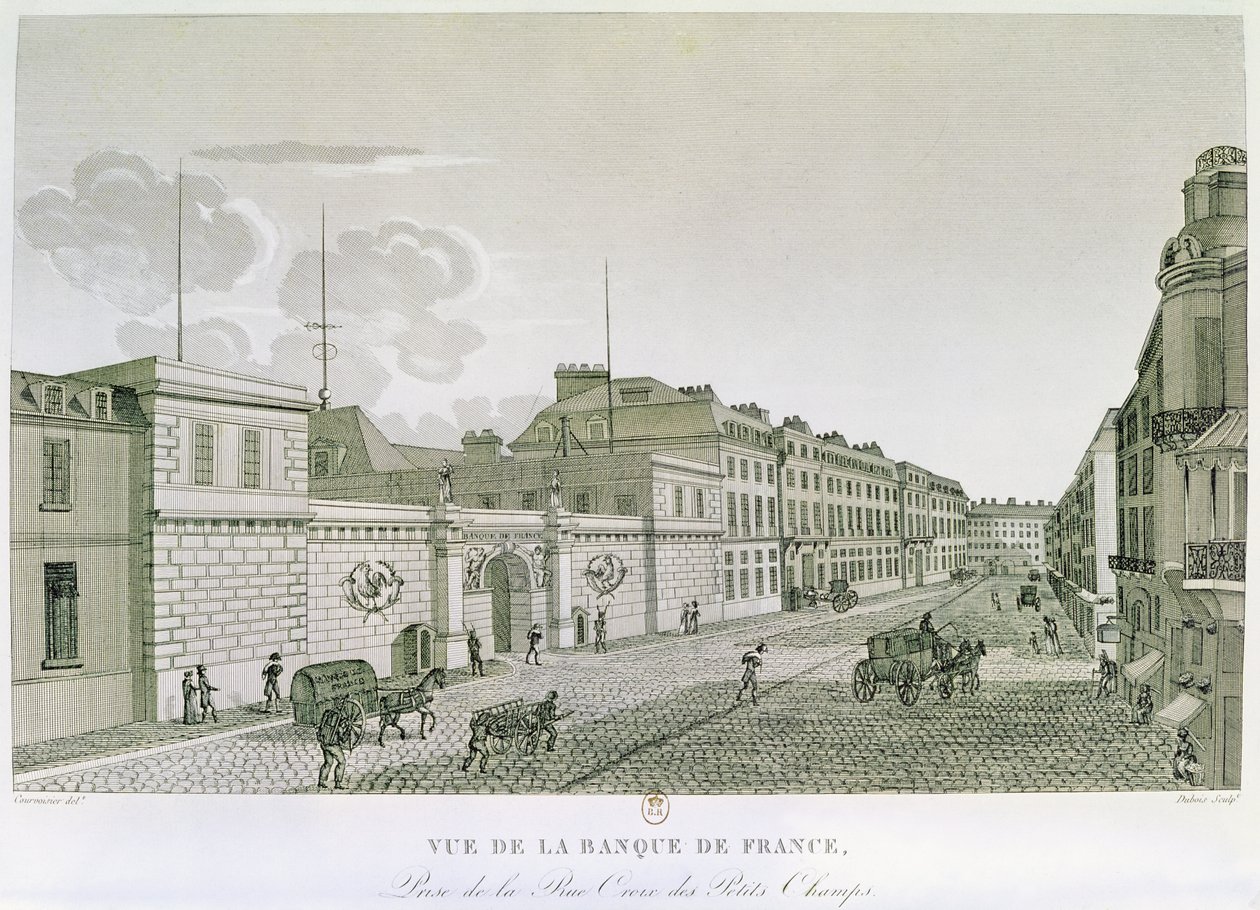 El Banco de Francia desde Rue Croix-Petits-Champs, grabado por Eugene Dubois, 1800 de Henri after Courvoisier Voisin