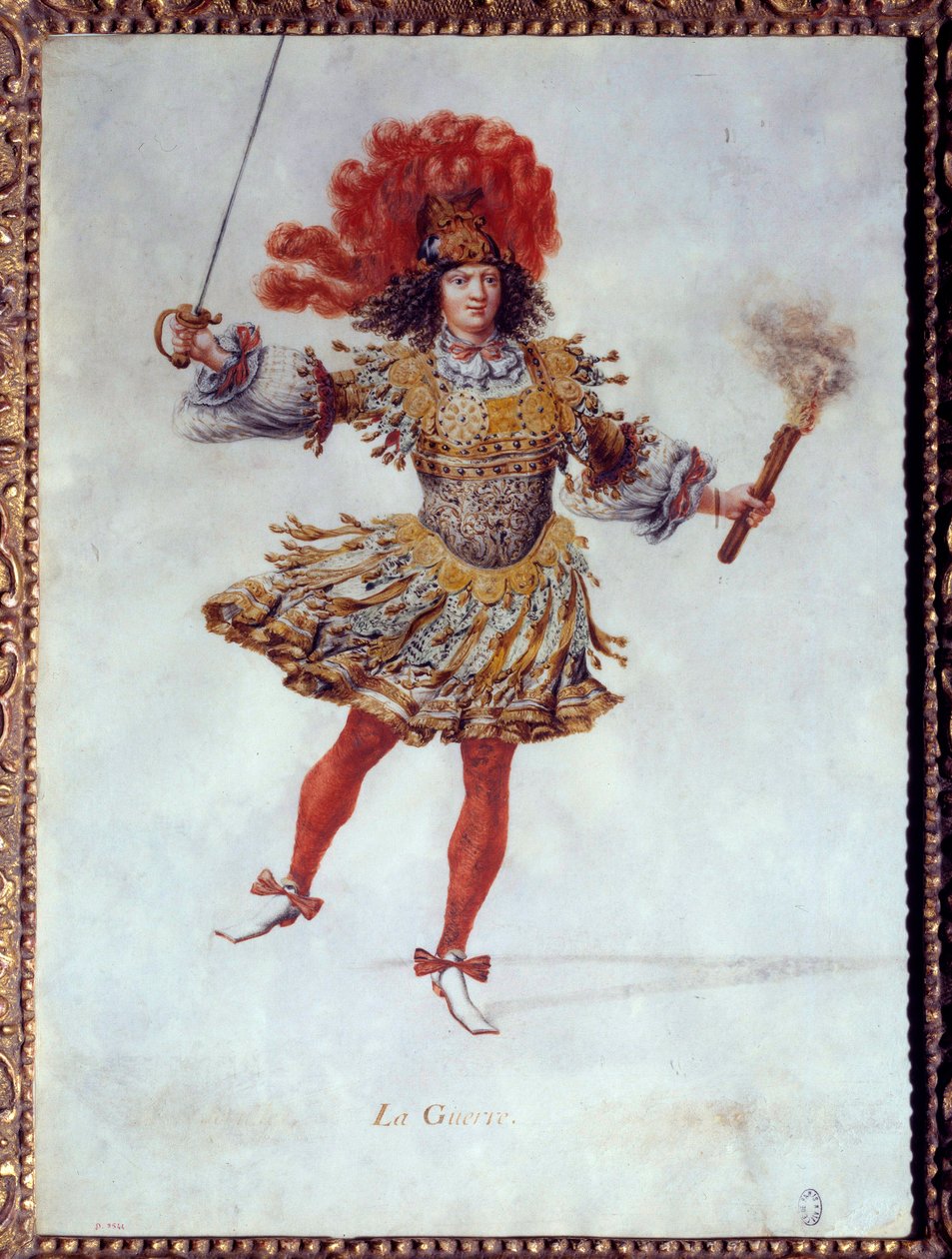 Traje de la Guerra, sosteniendo con una mano una antorcha y en la otra una espada en el ballet "Les noces de Pelee et Thetis" (Le Nozze di Peleo et di Teti) de Carlo Caprioli (o Caproli) del Violino, representado el 26/01/1654 en Peer Bourbon. El papel de  de Henri de Gissey