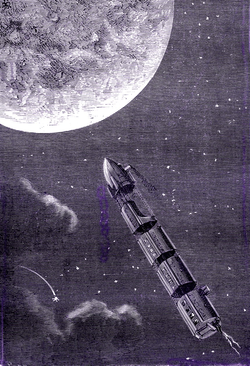 Tren de balas (o proyectiles) disparados por un cañón gigante hacia la Luna, "De la Tierra a la Luna" de Julio Verne de Henri de Montaut