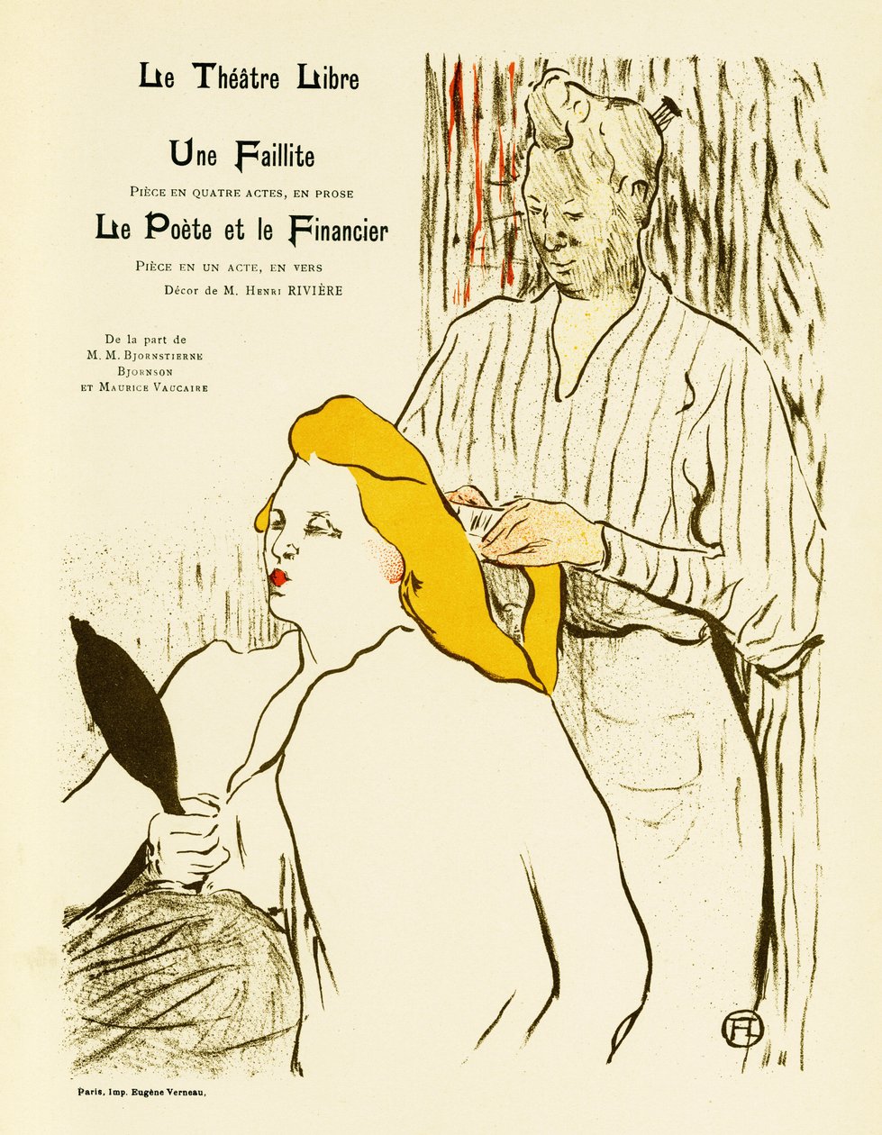 Una mujer rubia se mira en un espejo mientras se peina. Cartel de Une faillite et Le Poete et le Financier, obras de teatro representadas en 1893 en el Teatro Libre creado en 1887 por André Antoine (1858-1943), Ilustración en lithogr de Henri de Toulouse Lautrec