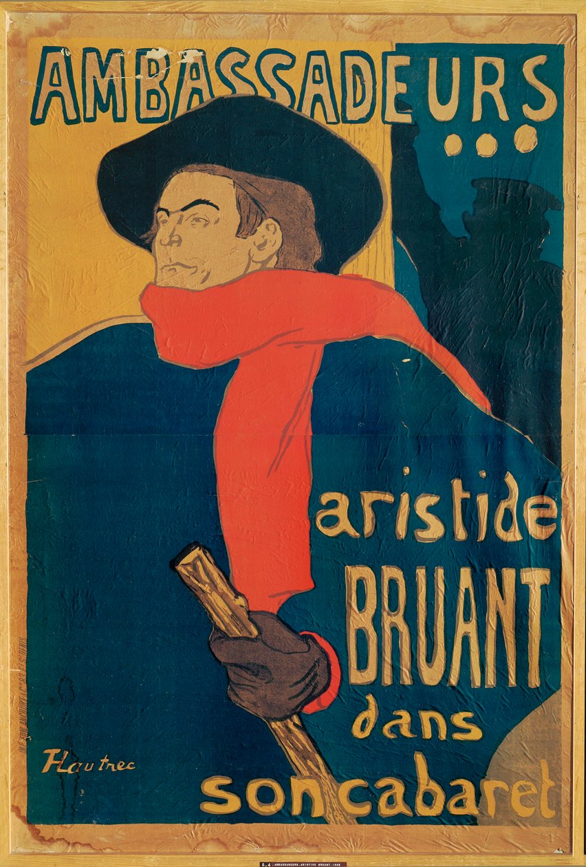Aristide Bruant, cantante y compositor, en un cartel que anuncia su actuación en el elegante night-club " Les Ambassadeurs " de los Campos Elíseos (litografía). de Henri de Toulouse-Lautrec