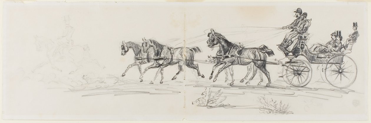 Carruaje tirado por caballos precedido por un jinete solitario (recto); Hombre montando a caballo con una manta y bocetos de cabezas, caballos y arco triunfal (verso) de Henri de Toulouse-Lautrec