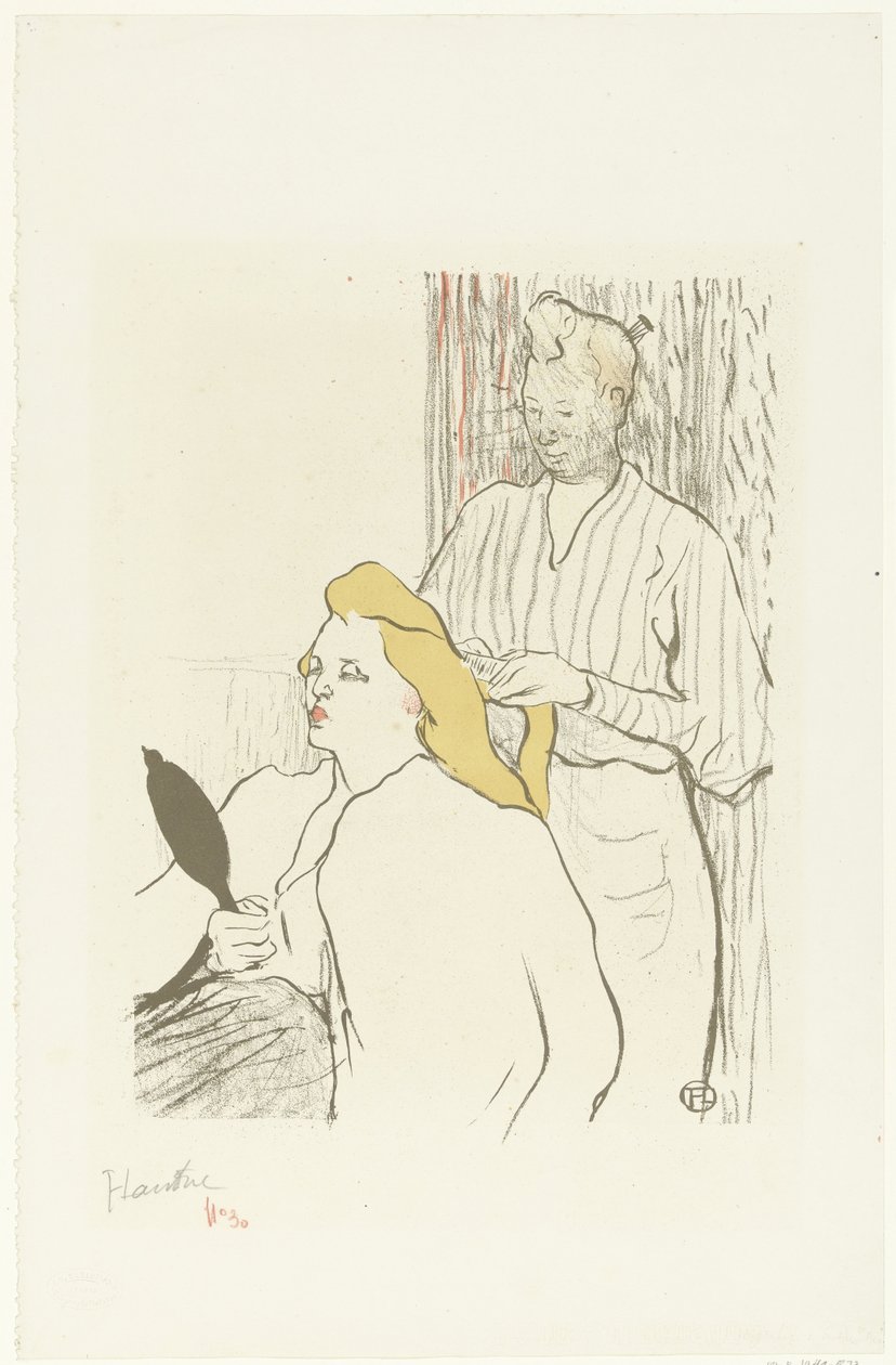 El peluquero peina el cabello de una mujer sentada con un espejo en la mano Le coiffeur Programme du Théâtre Libre de Henri de Toulouse Lautrec (signed by artist)