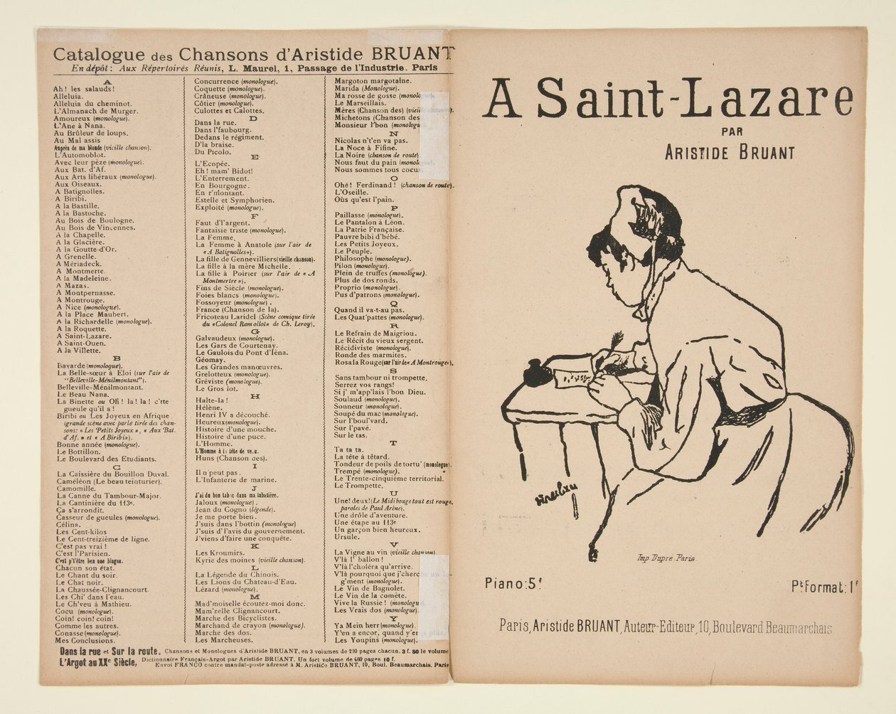 A Saint-Lazare, letra y música de Aristide Bruant, portada de partitura de Henri de Toulouse Lautrec