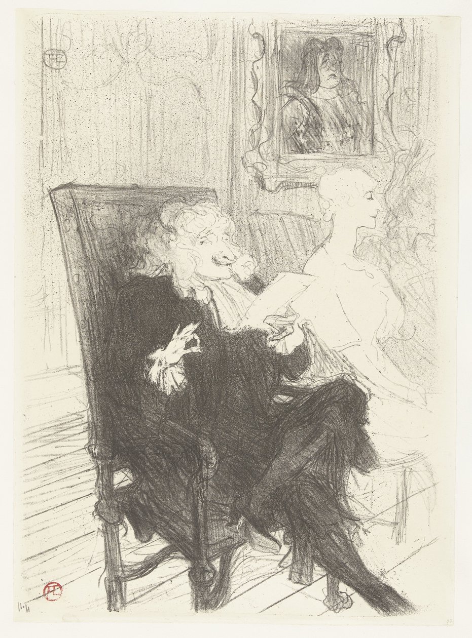 Actores Jules Charles Truffier como Marguerite Moreno en toneelstuk Les femmes savantes
Truffier y Moreno en Les femmes savantes de Henri de Toulouse Lautrec