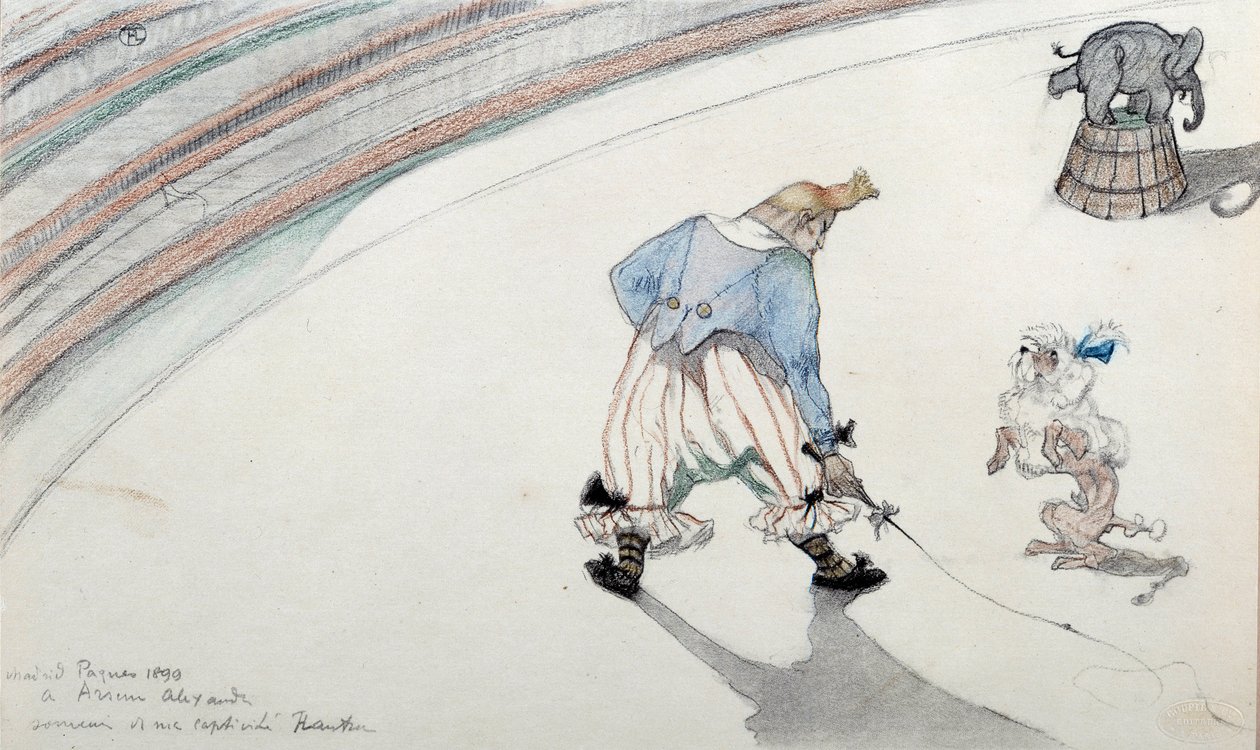 Escena de circo: doma. Un payaso con un perro científico y un elefante acróbata de Henri de Toulouse Lautrec