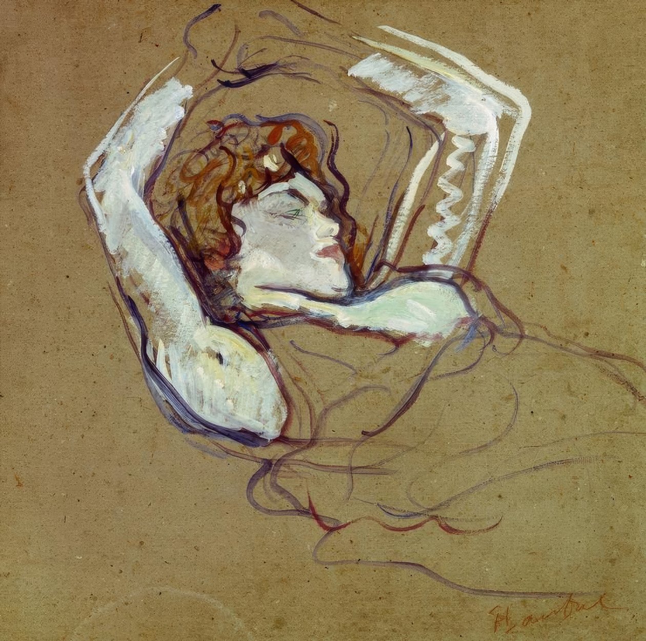 Mujer acostada de espaldas, brazos levantados de Henri de Toulouse Lautrec
