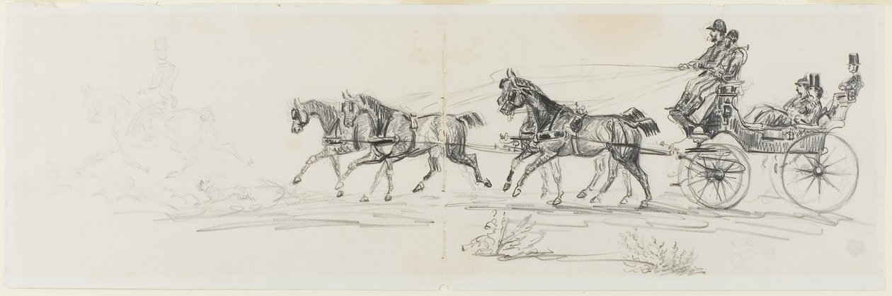 Carruaje tirado por caballos precedido por un jinete solitario (recto); Hombre montando a caballo con una manta y bocetos de cabezas, caballos y arco triunfal (verso) de Henri de Toulouse Lautrec