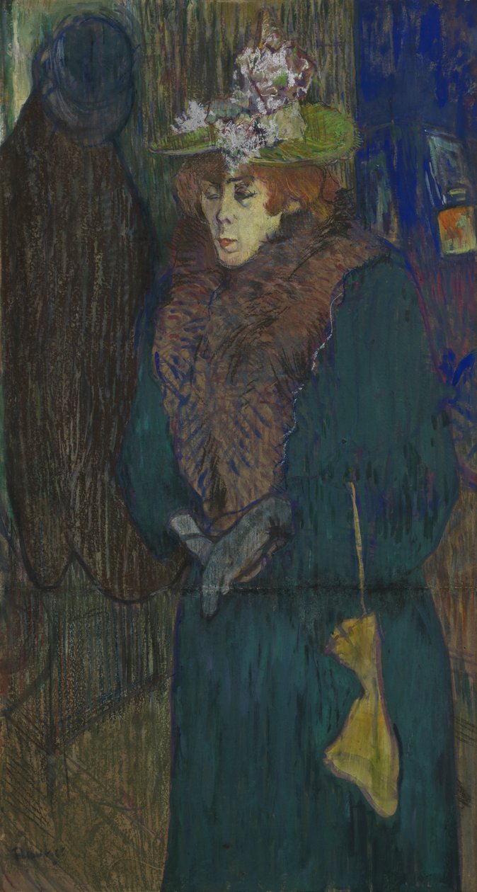 Jane Avril en la entrada del Moulin Rouge, poniéndose los guantes, c.1892 de Henri de Toulouse Lautrec
