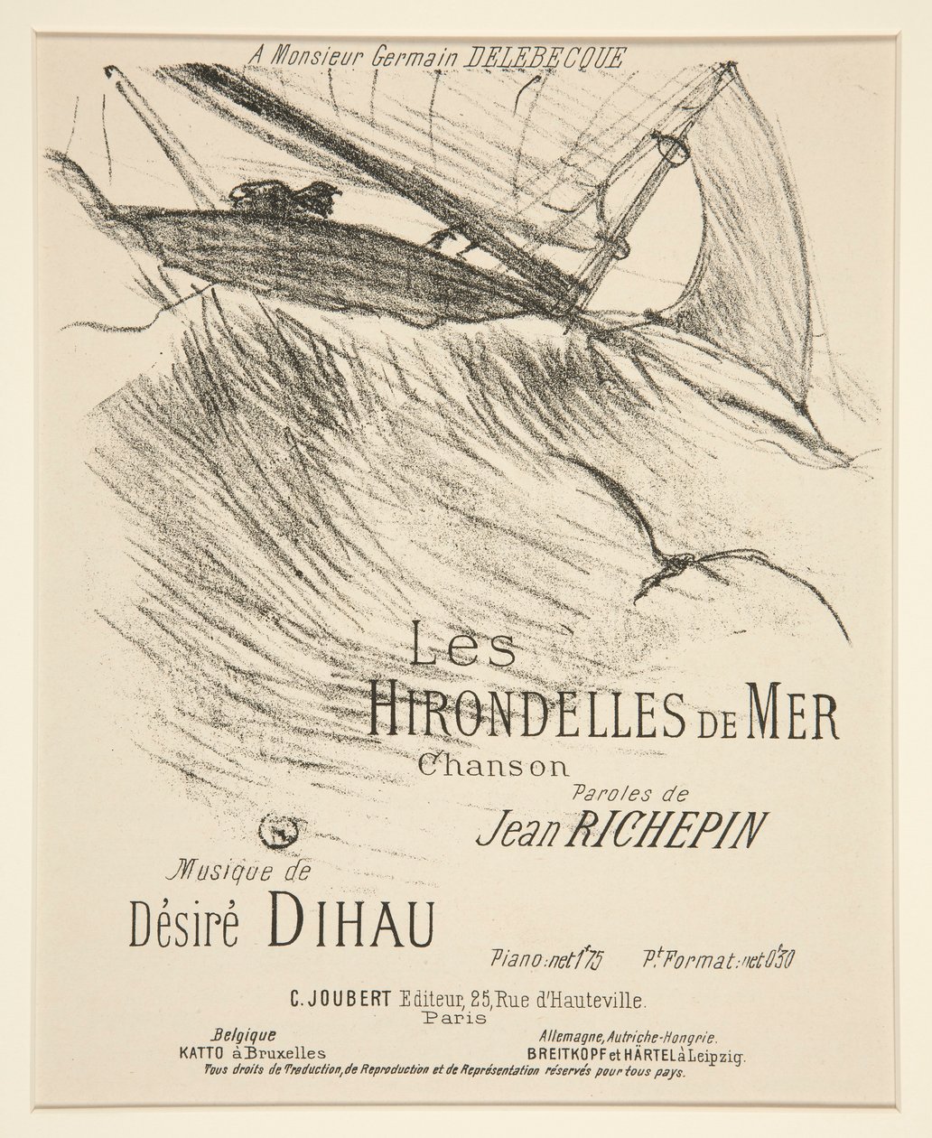 LES HIRONDELLES DE MER - Portada para composición musical impresa (poema de Richepin con música de Dihau) de Henri de Toulouse Lautrec