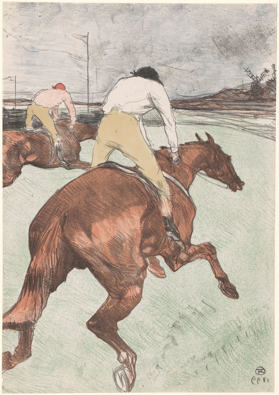 "El jockey" Dos jinetes a caballo Le jockey (título original) Carreras de caballos (título de la serie) Cursos (título de la serie) de Henri de Toulouse Lautrec