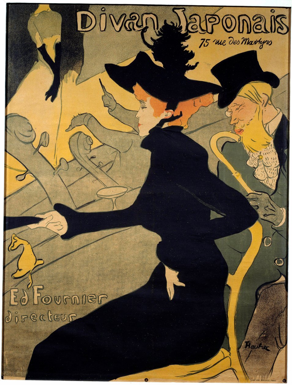 Cartel para el cabaret parisino "El sofá japonés" que representa a la bailarina Jane Avril (1868-1943) y al escritor Edouard Dujardin (1861-1949) viendo a la cantante Yvette Guilbert (1867-1944) actuar en el escenario - Litografía de Henri de Toulouse-Laut de Henri de Toulouse Lautrec